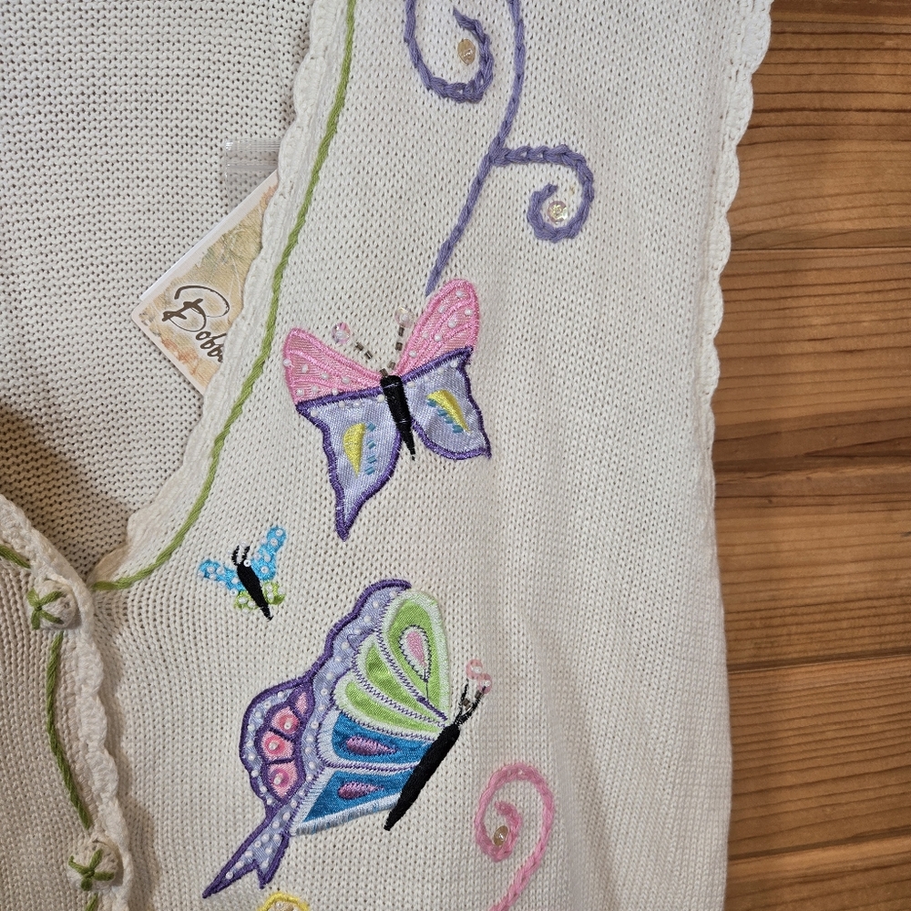 NWT Bobbie Brooks Knit Sweater Vest Embroidered Butterfly Ivory Womens XL Spring - Picture 2 of 7